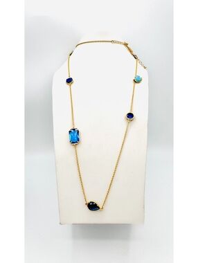 Kate Spade Gold Tone Blue Crystal & Turquoise Bezel Set Scattered Long Necklace